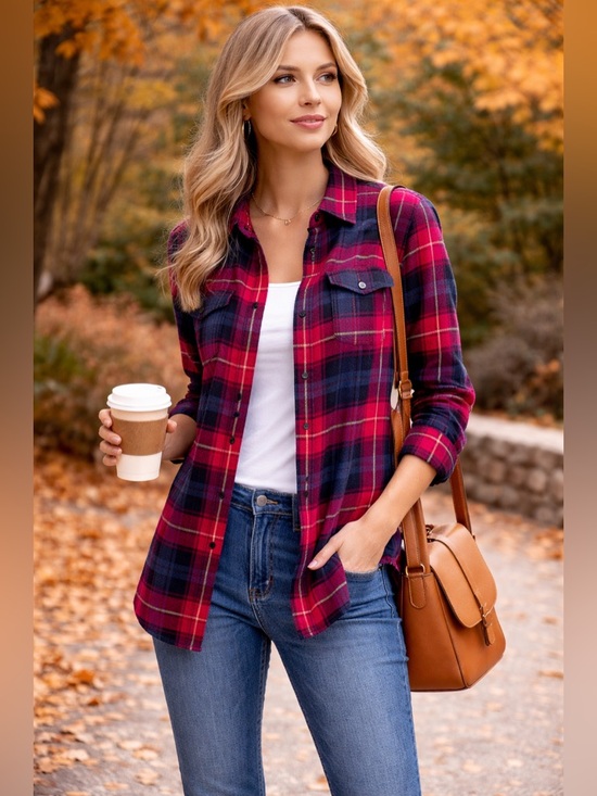 Tops - American Eagle Plaid Flannel Shirt Womens Large Red Blue Button Front